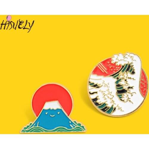 Cartoon Ocean Wave Mount Fuji Brooch Japanese Style Enamel Pins Backpack Clothes Button Badge Fashion Jewelry Gift for Friends