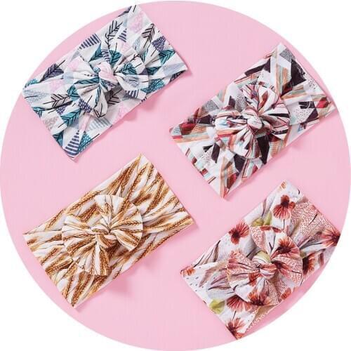 Leopard Printed Nylon Headbands Bows Wide Head Wraps Baby Girl Hair Accessories Customized Head Wear Elastic Hair bands Turban