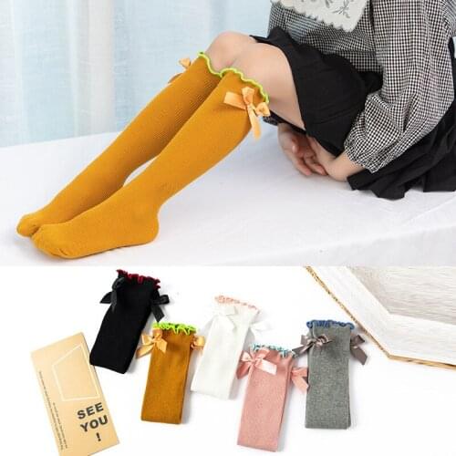 2021 New Kids Knee High Socks Girls with Bows Cotton Solid Color Ruffle Socks for Kids School Long Socks High Socks for Girls