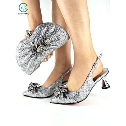 2021 New Arrival Italian Design African Fashion Sepcial Flower Style Decoration Party Women Shoes and Bag Set in SIlver Color