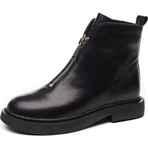 New Front Zipper Genuine Leather Autumn Winter Ankle Boots Martin Boots Flat Internal Increase Fashion Women Boots Trend Shoes