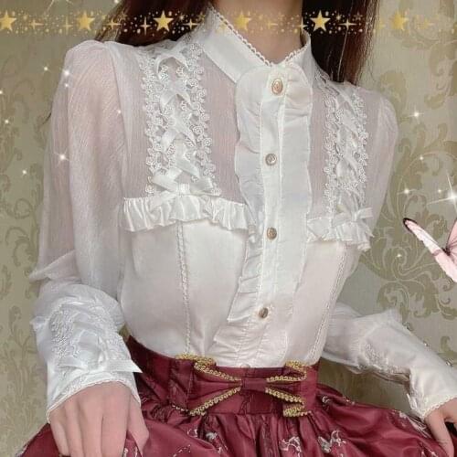 Original Design Shirt Girls Lolita Blouse Tops Tie Cuffs Sweet White Beige Ribbon Cross Bows Inner Wearing For Jsk Dresses Women