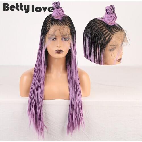 RONGDUOYI Ombre Purple Braided Box Braids Wig Long Synthetic Lace Front Wigs for Black Women High Temperature Hair Lace Wig