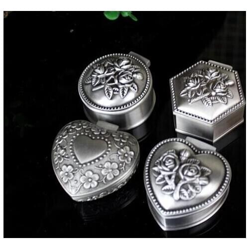 Retro Tin jewelry box small retro silver tin jewelry box storage ring box heart-shaped round hexagonal multi style jewelry box