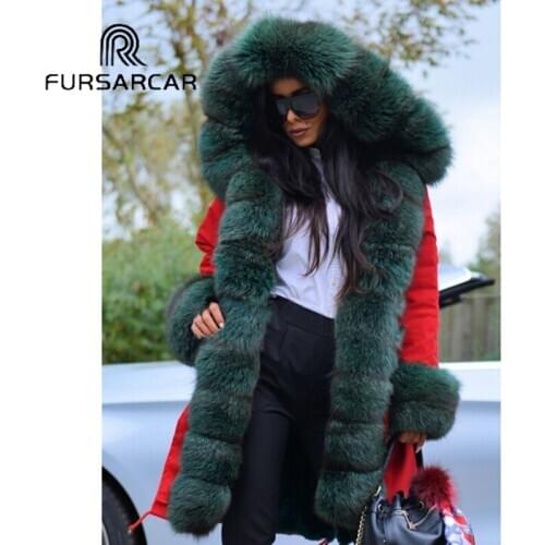 FURSARCAR Luxury Real Fur Coat Womens Winter Casual Parka With Fox Fur Collar And Cuff Fashion Warm Fox Fur Parka