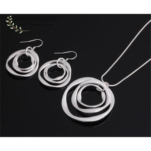 Silver 925 Jewelry Set for Women Round CircleS Pendant Necklaces Earrings 2PCS Jewellery Set Collier Brincos Femme Bijoux Gifts