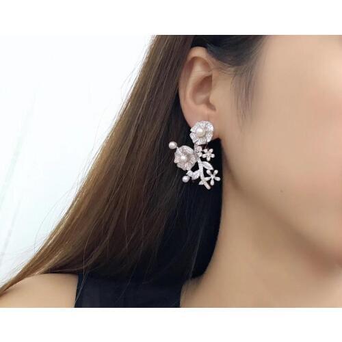 Natural fresh water pearl stud earring exaggeration 925 sterling silver with cubic zircon flower earring fine party jewelry