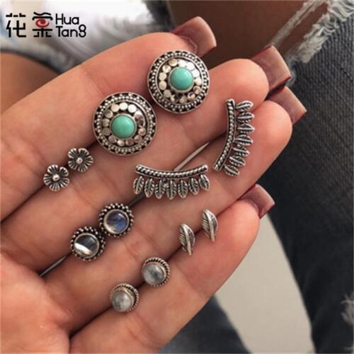 HuaTang Bohemian Ethnic Earring Geometric Flower Stud Earring Green Rhinestone Earring Set Pericing Earrings Jewelry 6487