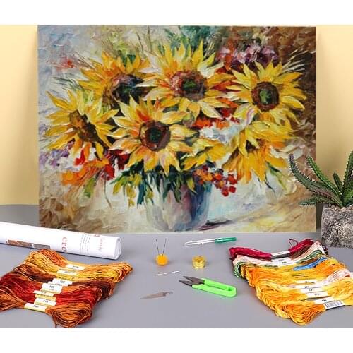 Sunflowers Printed Fabric 11CT Cross-Stitch Patterns DIY Embroidery DMC Threads Handicraft Handiwork Handmade Counted