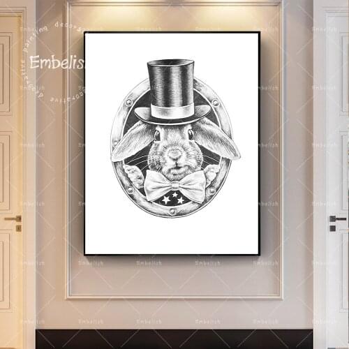 Embelish White Rabbit In A Black Hat And A Bow Tie Animals Wall Posters For Living Room Home Decor Pictures HD Canvas Paintings