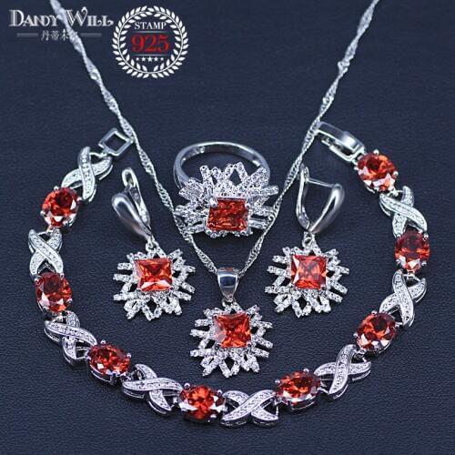 Silver Color Jewelry Red Cubic Zirconia Snowflake Jewelry Sets For Women Earrings/Pendant/Necklace/Rings/Bracelet