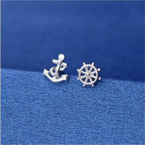 2018 Charm Real 925 Sterling Silver Earrings Girls Cute Asymmetry Boat anchor And Rudder Stud Earrings Brincos ES203