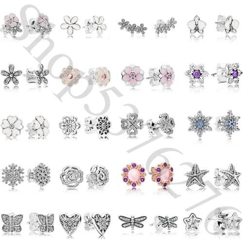 925 Sterling Silver Daisy Flower Snowflake Orchid Starfish Fashion Stud Earrings For Pandora Women Bead Charm Gift DIY Jewelry