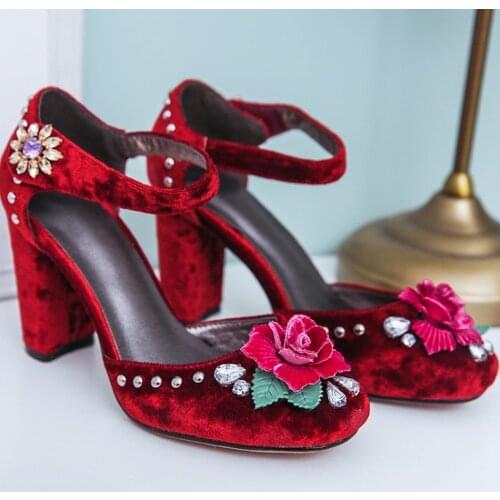 US4-11 Womens Round Toe 3D Flowers Rhinestones Velvet Leather Block Heel Ankle Buckle Pumps Shoes Plus Size 3Colors New 2021