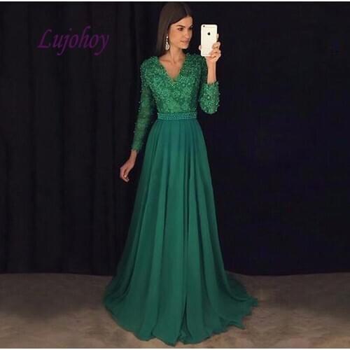 Green Long Sleeve Lace Evening Dresses Party A Line Plus Size Women Ladies Prom Formal Evening Gowns Dresses