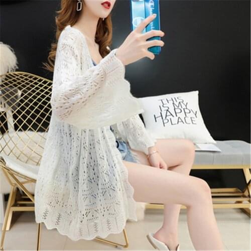2021 Women Spring Summer Vintage Cardigan Lady Hollow Out Long Sleeve Knit Sun Protection Cardigan Lady Solid Thin Cardigan