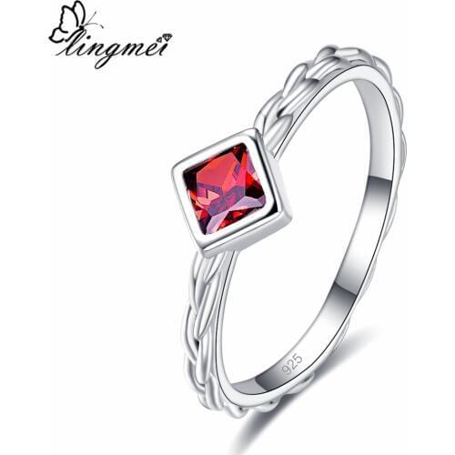 Lingmei New Pretty Fashion Wedding Princess Red Olive Green Zircon Women Jewelry Silver Color Ring Size 6-9 Simple Style Gift