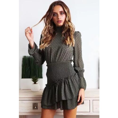 2021 Womens Hot Sell Retro Mini Dress Elastic Waist Ruffles Sexy Dress Long Sleeve Autumn Slim Dress Turtleneck Chiffon Dress