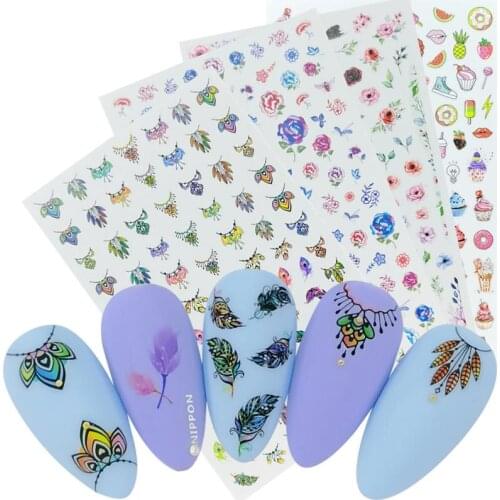 3D Nail Stickers Feather Necklace Flower Donut Ice Cream Strawberry Pattern Decals for Nails Adhesive Nail Art Decora Wraps Tips