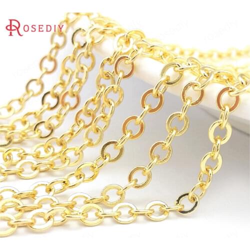 39682)2 Meters Chain Link 4x3.5MM 24K Gold Color Brass Flat Oval Shape Necklace Chains Bracelets Jewelry Chains Making Supplies