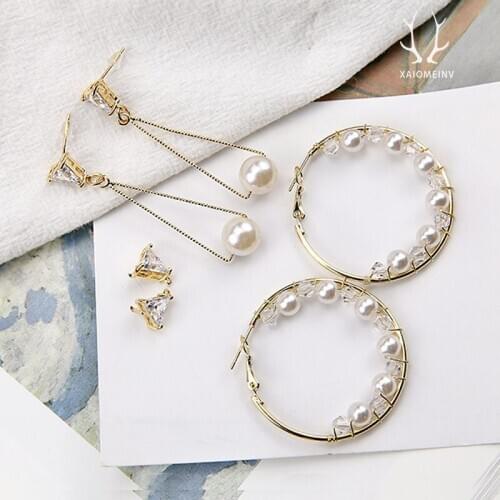 4pcs Hot Sale 2020 Copperplated Gold Zircon Stud Earringspearl Large Round Trianglependant Material Diy Jewelry Accessories