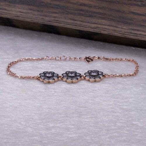 925 Sterling Silver Rose Gold Bracelet with Diamond Setting and Daisy Design
