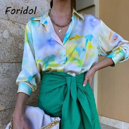 Foridol Tie-dyed Satin Oversized Blouse Shirts Women Casual Long Sleeve Button Up Spring Autumn Tops Streetwear Blusa Mujer 2021