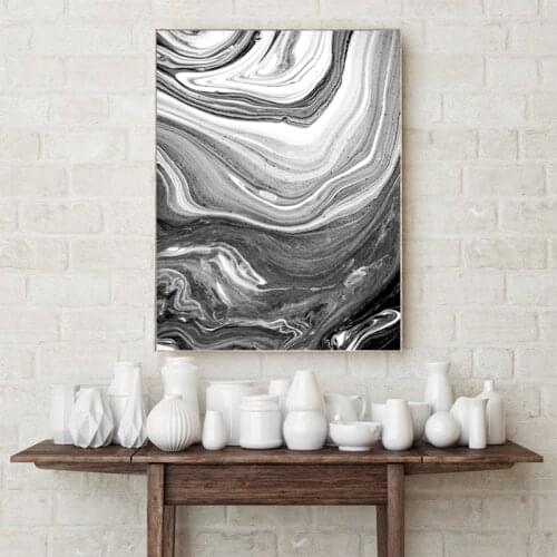 Black and White Marble Abstract Canvas Painting Fluid Ink Nordic Poster Geometric Print Wall Art Picture for Living Room Decor