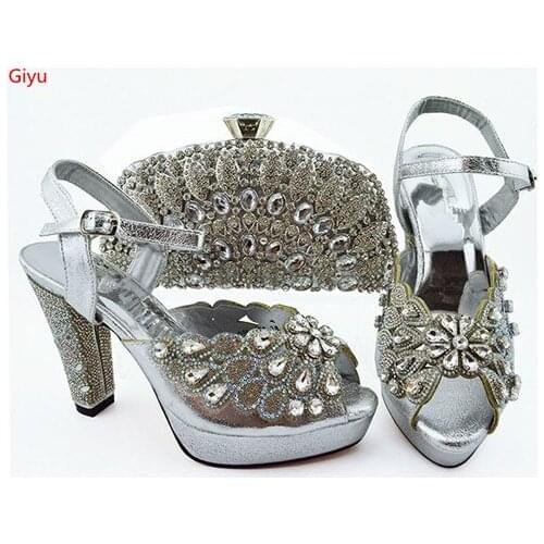 Doershow Italian Shoes With Matching Bags African Women silver Shoes and Bags Set For Prom Party Summer Sandal!SKP1-30