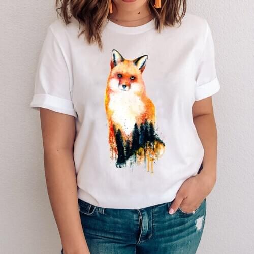 Women Graphic Ladies Watercolor Clothing Fox Cartoon Animal Clothes Lady Tops Clothing Tees Print Female Tshirt T-Shirt