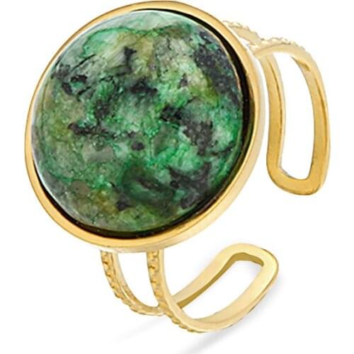Trendy Green Natural Stone Opening Rings for Women 316L Stainless Steel Metal Textured Ring Anillos Mujer Party Wedding Jewelry