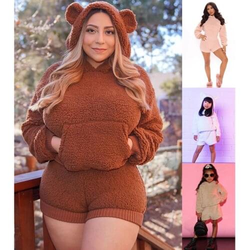 Cute Bear Ears Hooded Mother and Daughter Parent-child 2pcs Set Solid color Fleece Warm Casual Hooded Sweatshirt+Shorts Suit