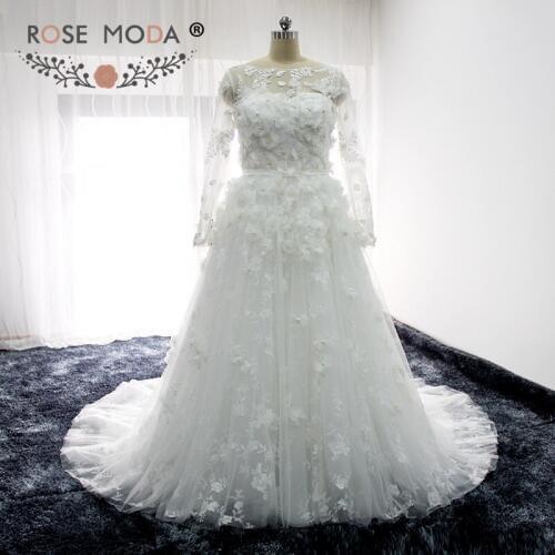 Rose Moda Illusion Long Sleeves Lace Wedding Dress with 3D Flowers Pearl Beaded A Line Maternity Wedding Dresses with Sash