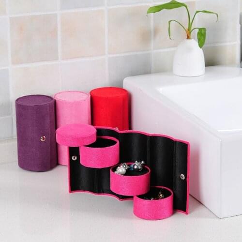 Fashion velvet three-cylinder portable multi-functional necklace rings jewelry Flannel Round gifts storage box organizer