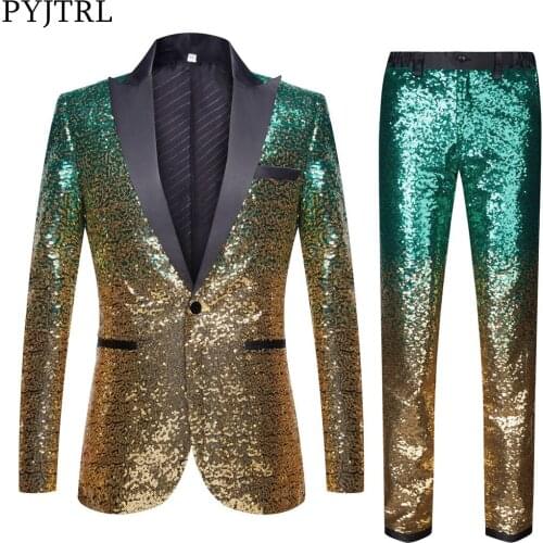 PYJTRL Men Two Pics Stylish Gradual Change Suit Green Gold Sequins Blazer With Pants Jacket Party Wedding Singers Costume