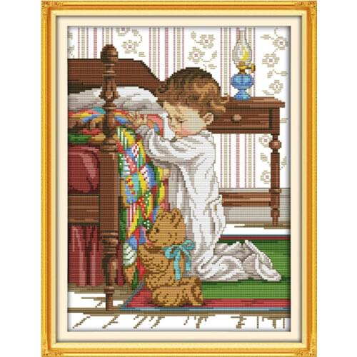 Pray beside the bed cross stitch kit boy people 14ct count fabric canvas x stitches embroidery DIY handmade needlework plus