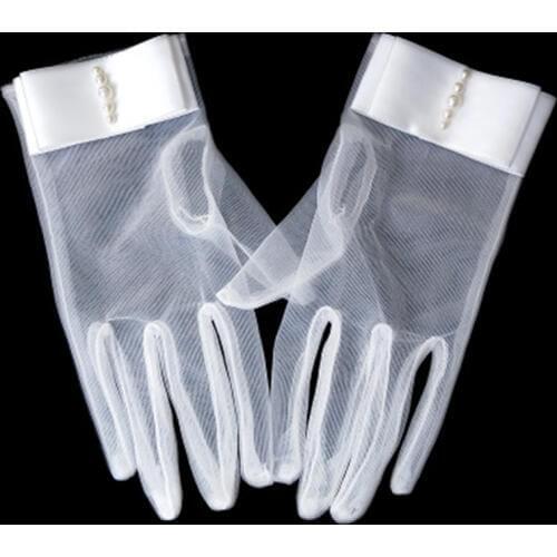 Summer Sunscreen Rhinestone Dress Gloves Female Short Bow Pearl Full Finger Cycling Lace Gloves Woman Thin Sun Driving Glove K12