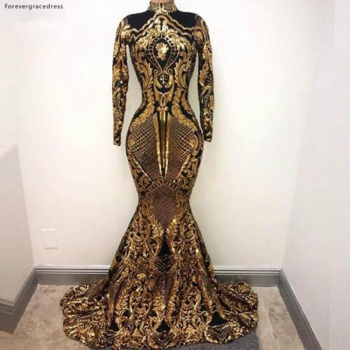 New Design Mermaid High Neck Prom Dresses 2019 Luxury Long Sleeves Graduation Wear Evening Party Gowns Plus Size Custom Made