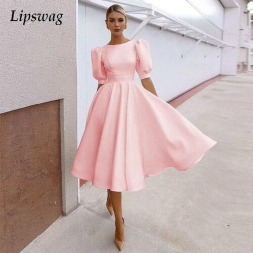 Fashion Button O Neck Dress Elegant Women Autumn Puff Short Sleeve Party Dress 2021 Sexy Backless Hollow Out A-Line Tunic Dress