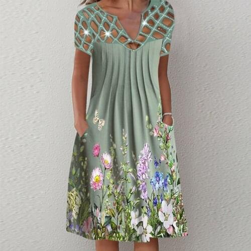 Spring Floral Print Pocket Party Dress Sexy Mesh Criss Cross V Neck Women Dress Summer Short Sleeve Ladies Midi Dresses Vestidos