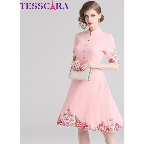 TESSCARA Women Autumn Elegant Embroidery Dress Female Floral Designer Party Robe High Quality Chinese Style Cocktail Vestidos