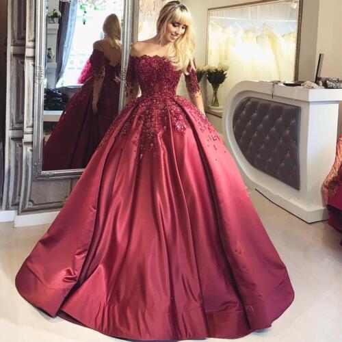 Burgundy Evening Dress Long 2019 Boat Neck Off Shoulder Appliques Lace Beads Ball Gown Prom Dress Elegant Robe De Soiree