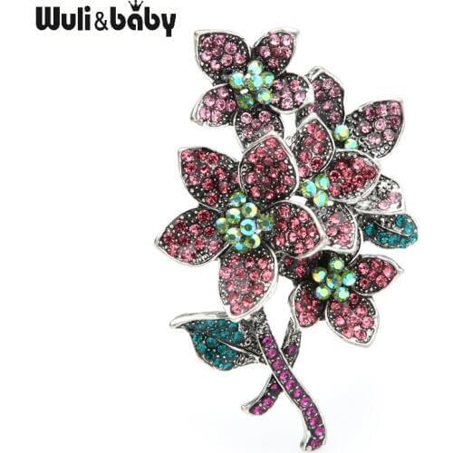 Wuli&baby Vintage Full Rhinestone Flower Brooches Women Alloy Pink Green Flower Weddings Casual Brooch Pins Gifts