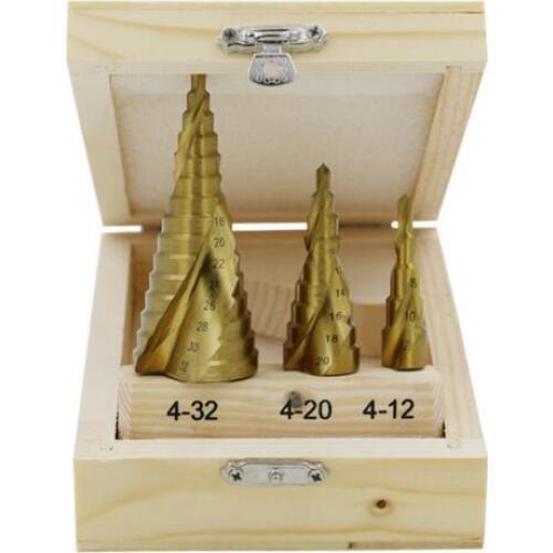 Xtremecraft Large Step Cone HSS Steel Spiral Grooved Step Drill Bit Hole Cutter Cut Tool 4-12/20/32mm with Wood Box 3pcs/Set