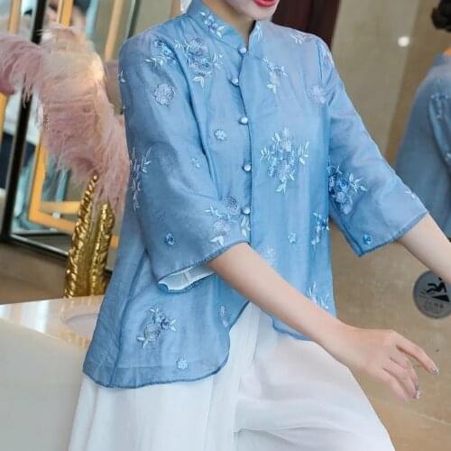 2021 Summer Spring Womens Embroidery White Blue Cheongsam Blouse Top , Woman Clothes 4xl Chipao Blouses Tops