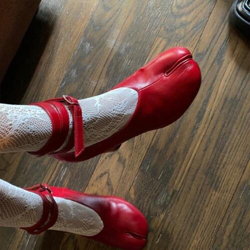 Woman Spring Autumn Split Toe Pumps Female Chunky Round Heel Ankle Strap Buckle High Heels Leather Shoes Red White Black