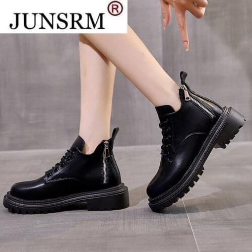 2021 Black Autumn New Womens Leather Boots Lace Up Ankle Boots Thick Heel Comfortable Round Head Double Zipper Womens Boots