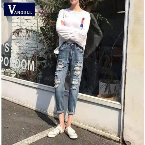 Vangull Women Denim Ripped Hole Stretch Hollow Out High Waisted Jean Ladies Plus Size Full Length Pencil Pants Casual Jeans