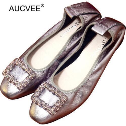 Handmade 100% Genuine Leather Women Shoes Simple style Footwear Women soft Cowhide Loafer Crystal Buckle Lady Ballet Flat Shoes