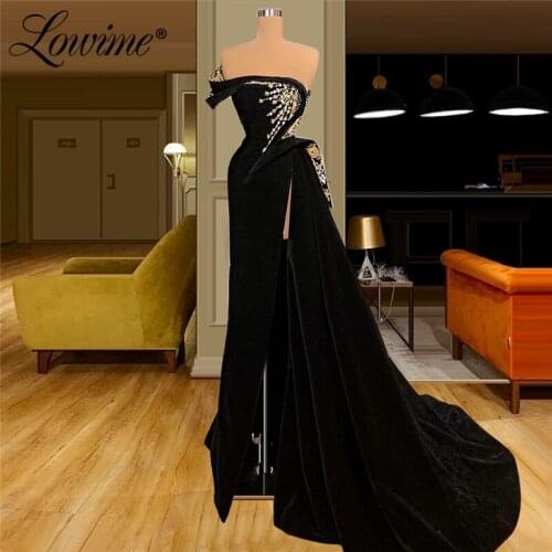 Lowime Long Black One Shoulder Dubai Evening Dresses 2021 Couture Beaded Formal Arabic Middle East Party Gowns Prom Dess Vestido